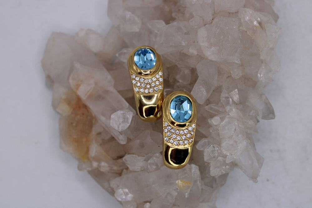 Christian Dior Gold Tone Blue Rhinestone Clip Earrings